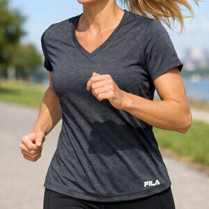 Fila Activewear Tee Gray V-Neck Workout Shirt Dri-Fit Moisture Wicking Sz Medium